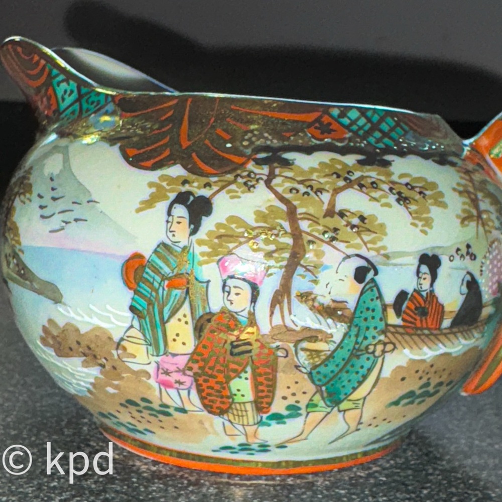 Hand Painted Japanese Creamer – Lusterware with Gold Moriage Detail, Dual Scene